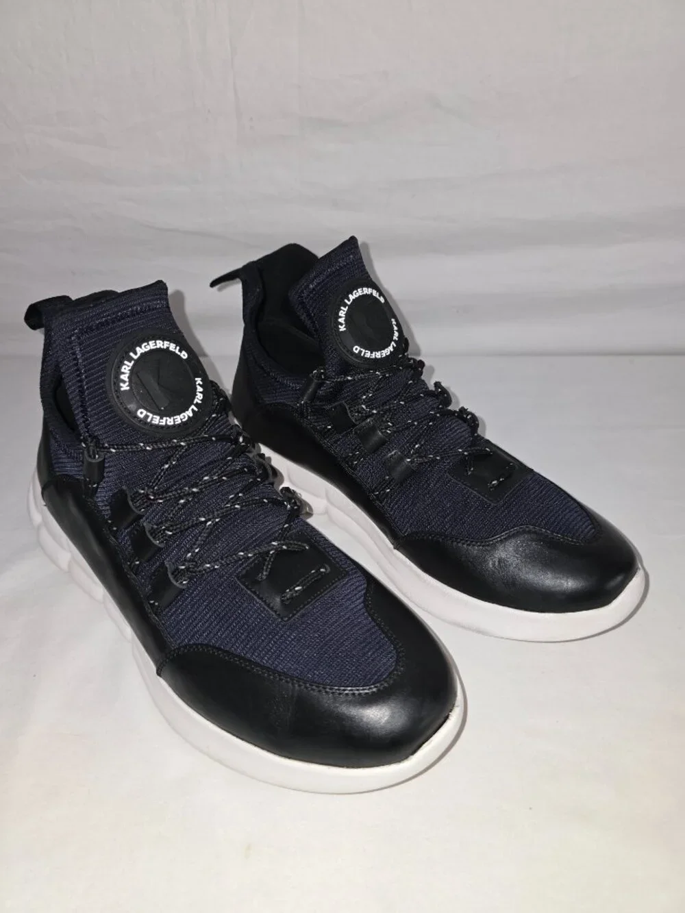 Karl Lagerfeld Black Leather / Dark Navy Blue Mesh Sneakers Men's Size 9.5 US